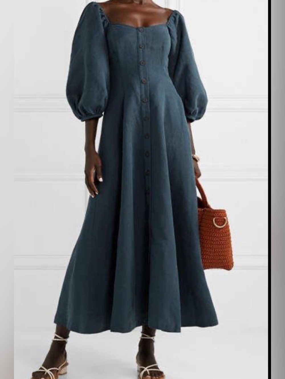 Mara Hoffman Mika Puff-Sleeve Linen Blend Button-Front Maxi Dress in Navy Blue - Picture 2 of 12